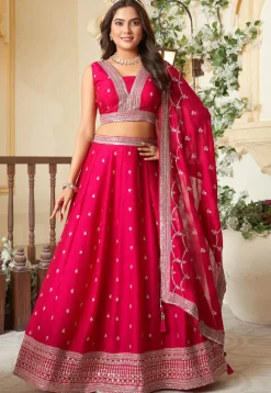 Embroidered Art Silk Lehenga in Fuchsia