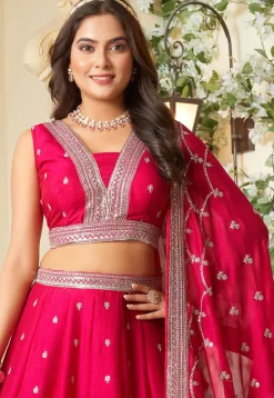 Embroidered Art Silk Lehenga in Fuchsia