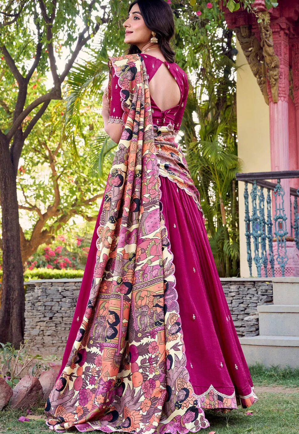 Embroidered Art Silk Lehenga in Magenta
