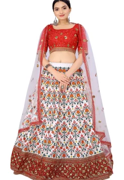 Embroidered Art Silk Lehenga in Off White