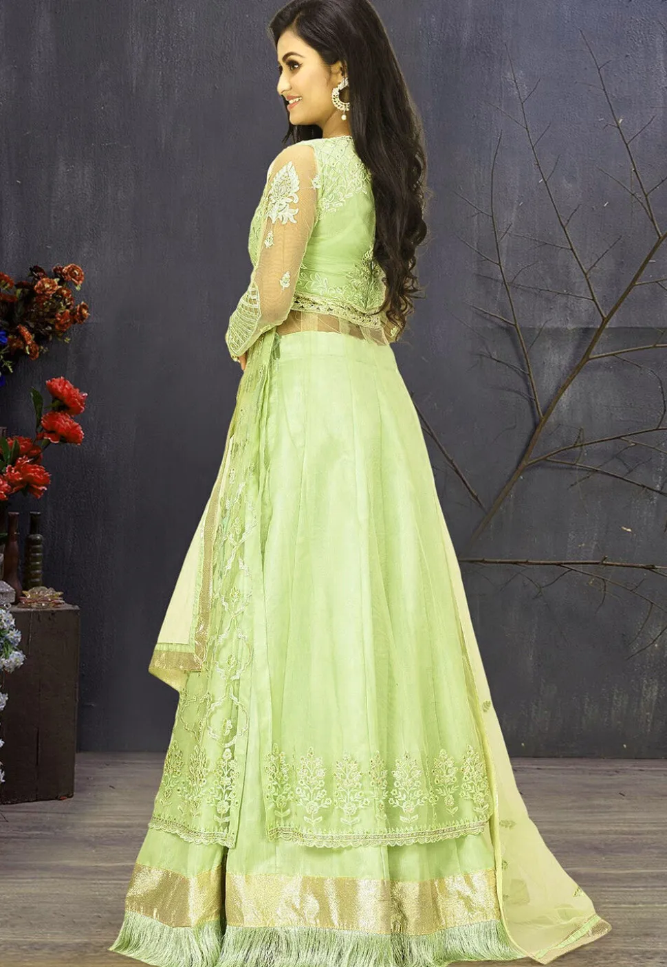 Embroidered Art Silk Lehenga in Light Green