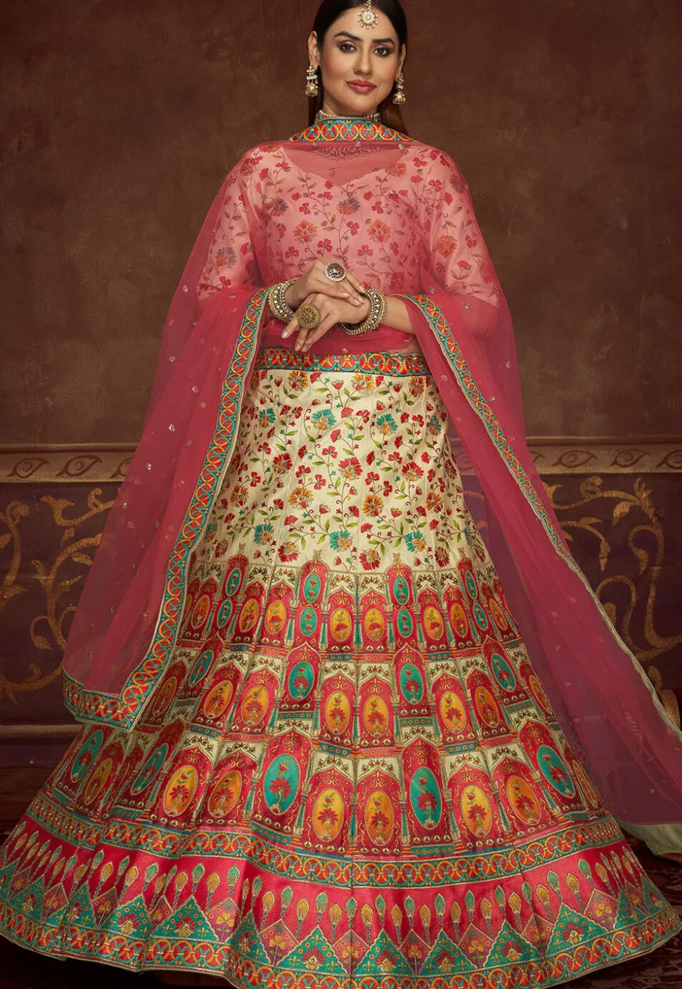 Embroidered Art Silk Lehenga in Light Beige