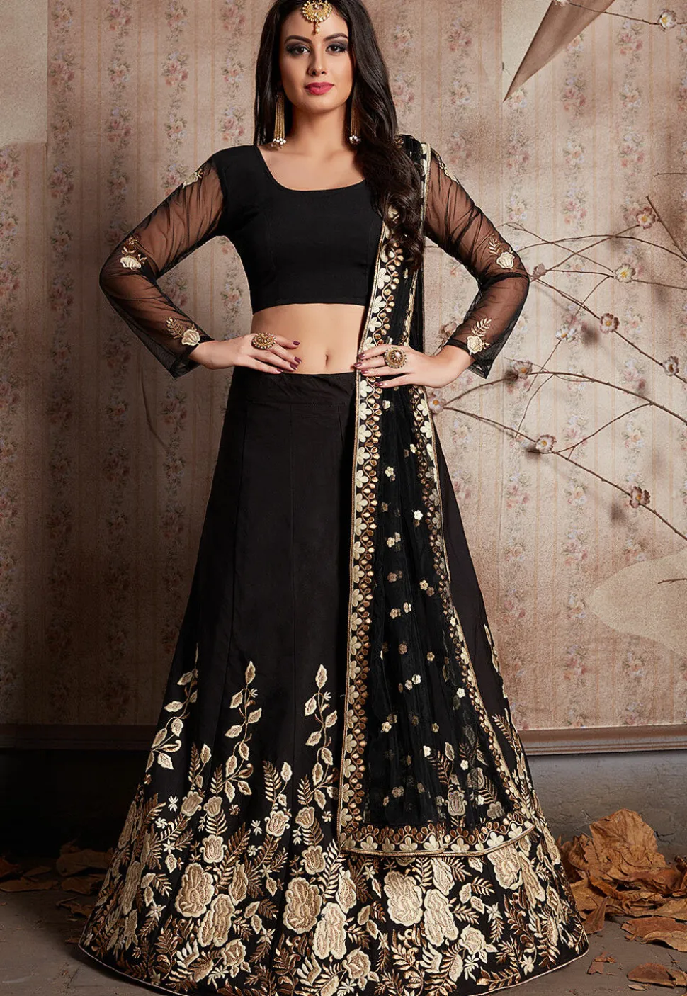 Embroidered Art Silk Lehenga in Black