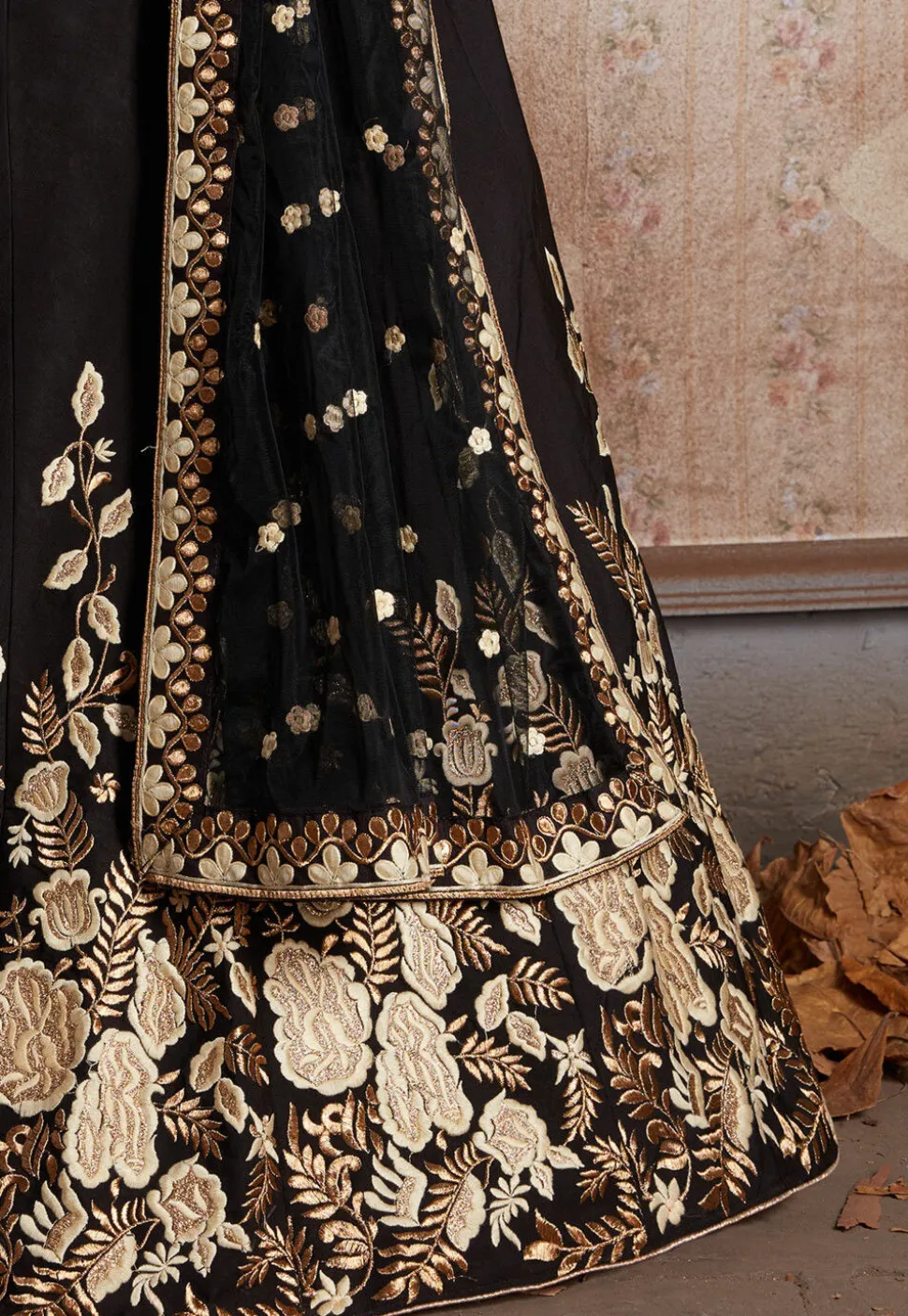 Embroidered Art Silk Lehenga in Black