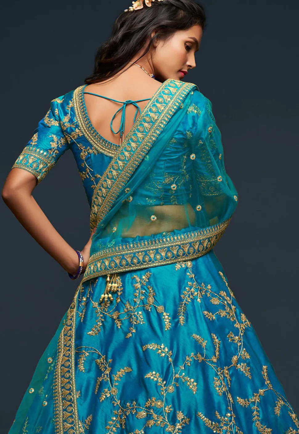 Embroidered Art Silk Lehenga in Blue