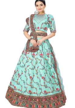 Embroidered Art Silk Lehenga in Sea Green