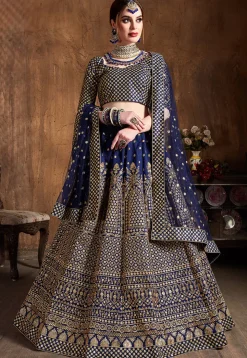 Embroidered Art Silk Lehenga in Dark Blue