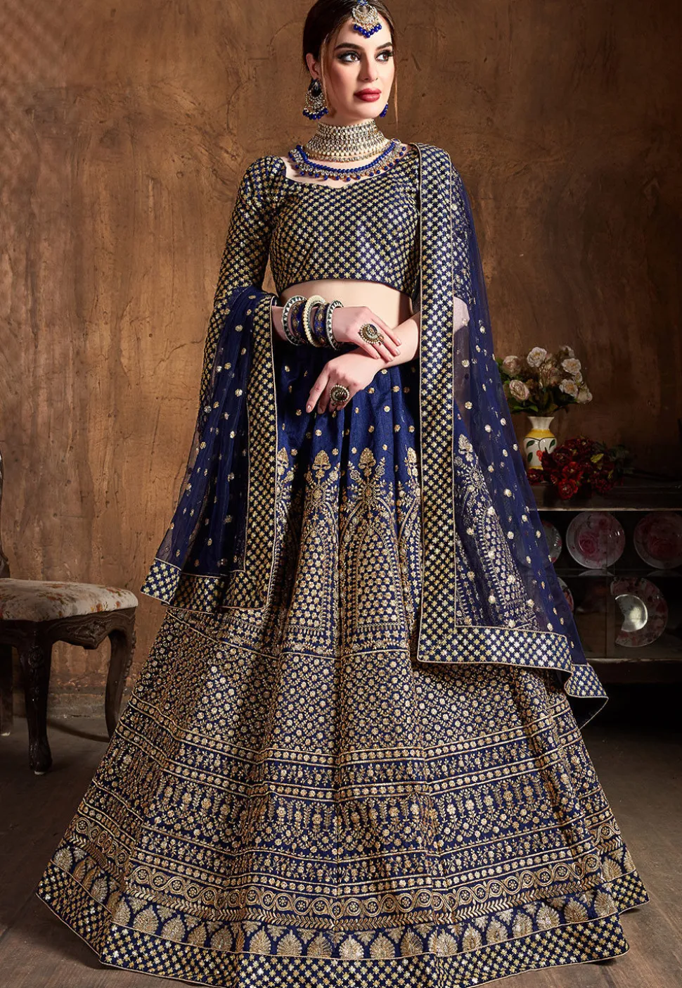 Embroidered Art Silk Lehenga in Dark Blue