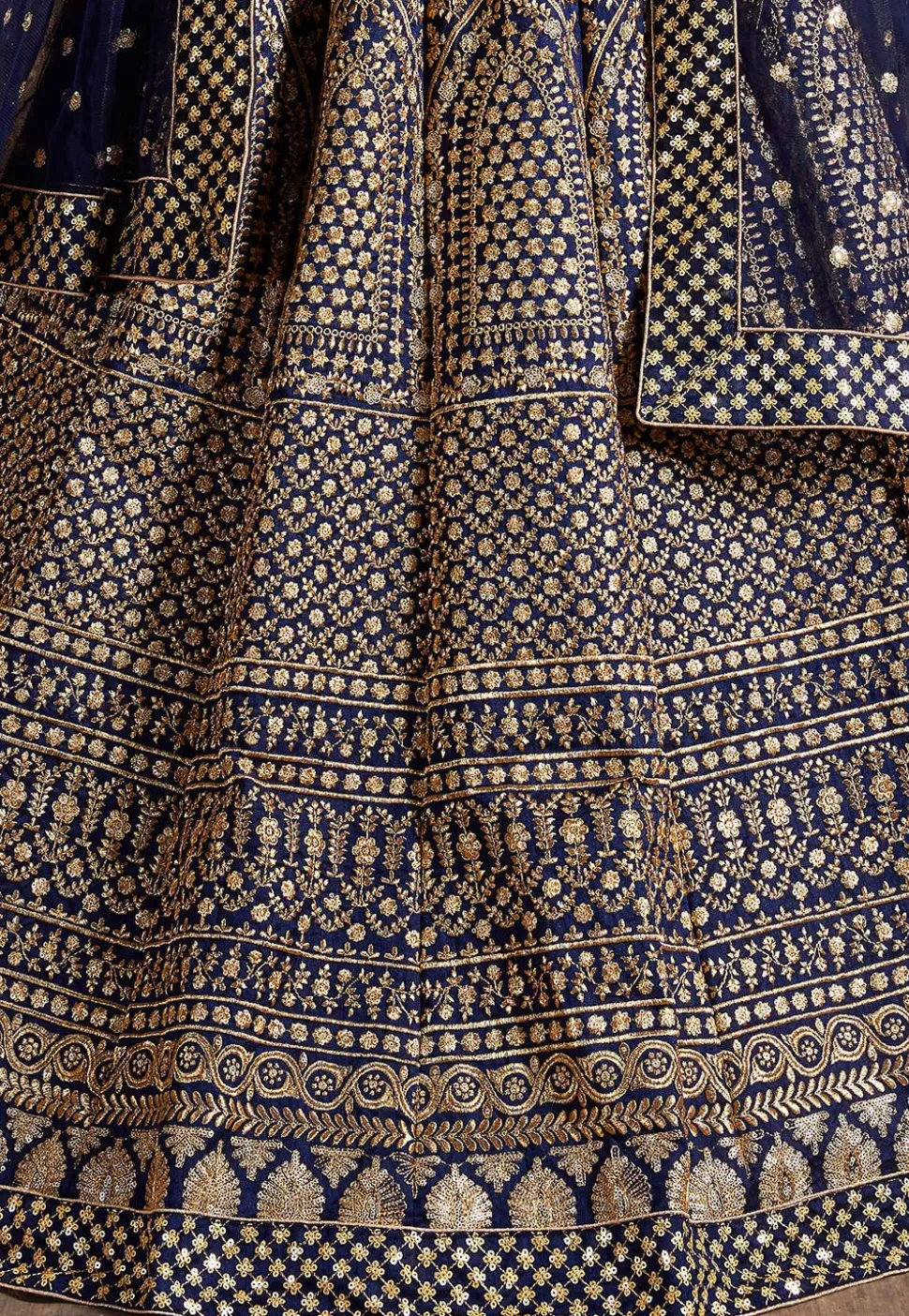 Embroidered Art Silk Lehenga in Dark Blue