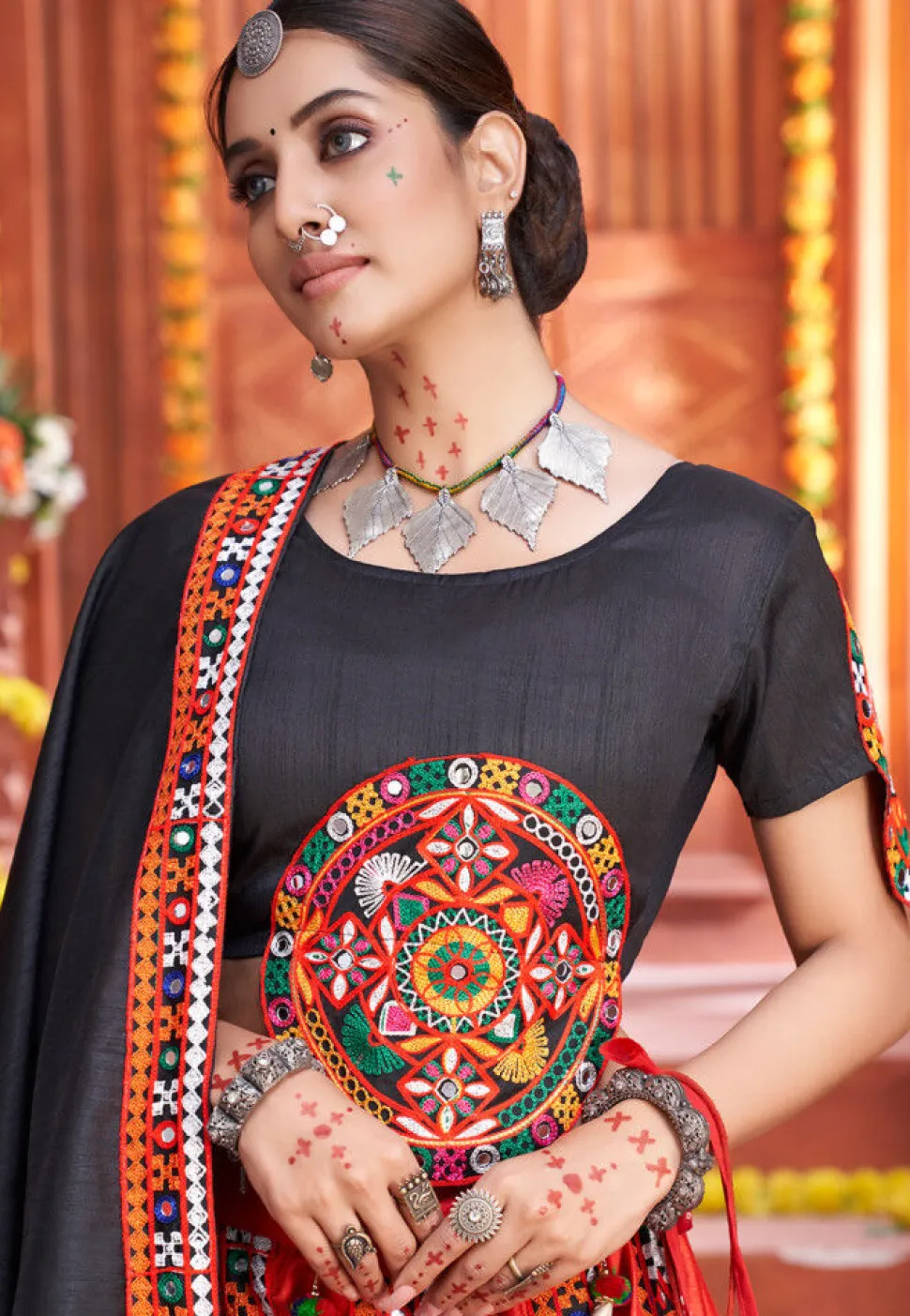 Embroidered Art Silk Lehenga in Red