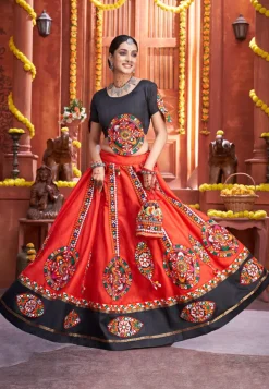 Embroidered Art Silk Lehenga in Red