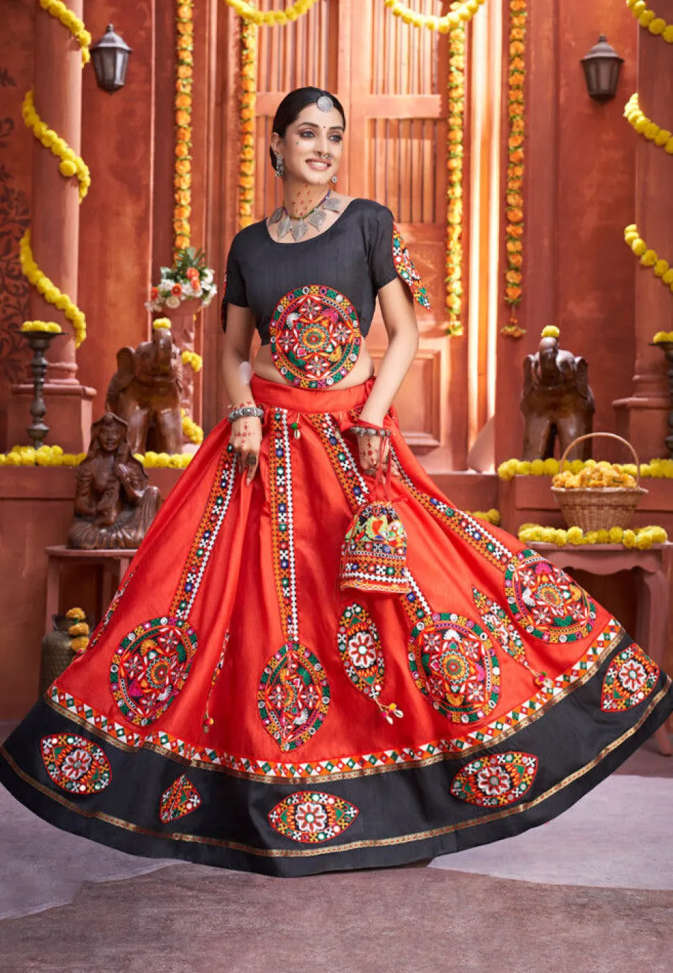 Embroidered Art Silk Lehenga in Red