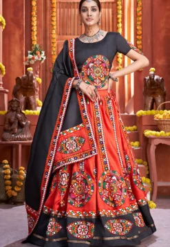 Embroidered Art Silk Lehenga in Red