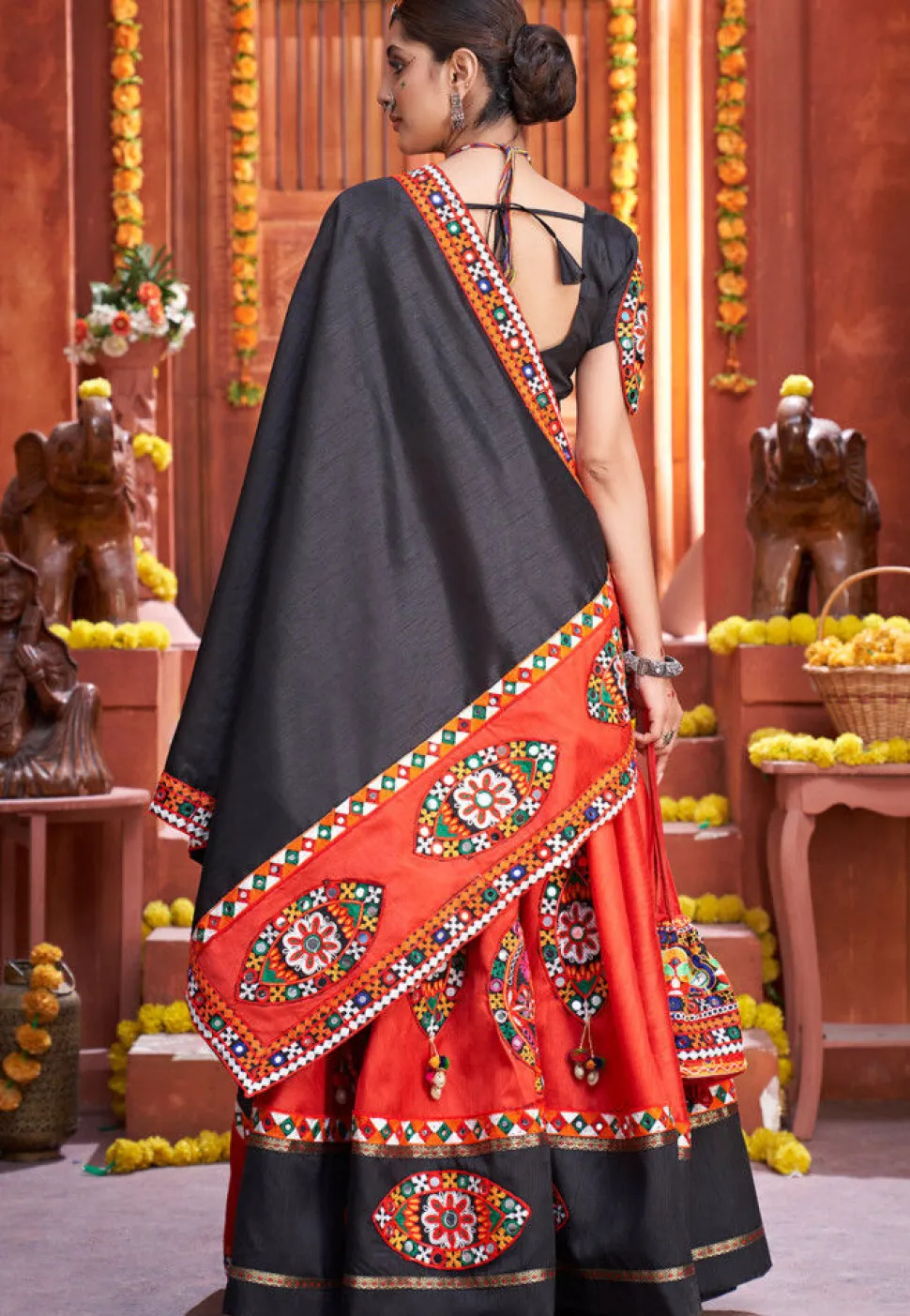 Embroidered Art Silk Lehenga in Red