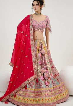 Embroidered Art Silk Lehenga in Multicolor