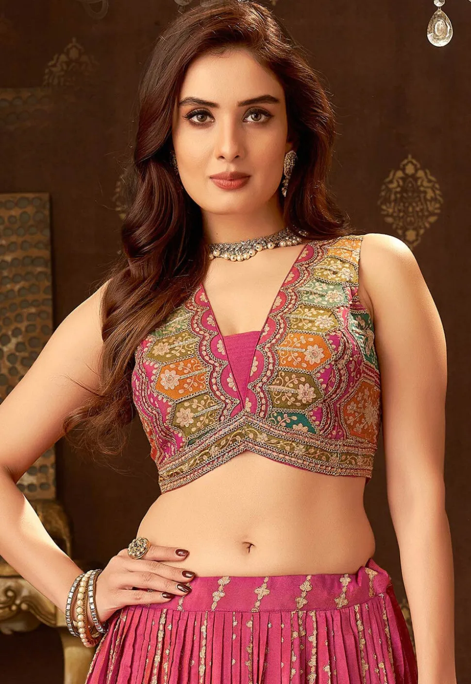 Embroidered Art Silk Lehenga in Pink