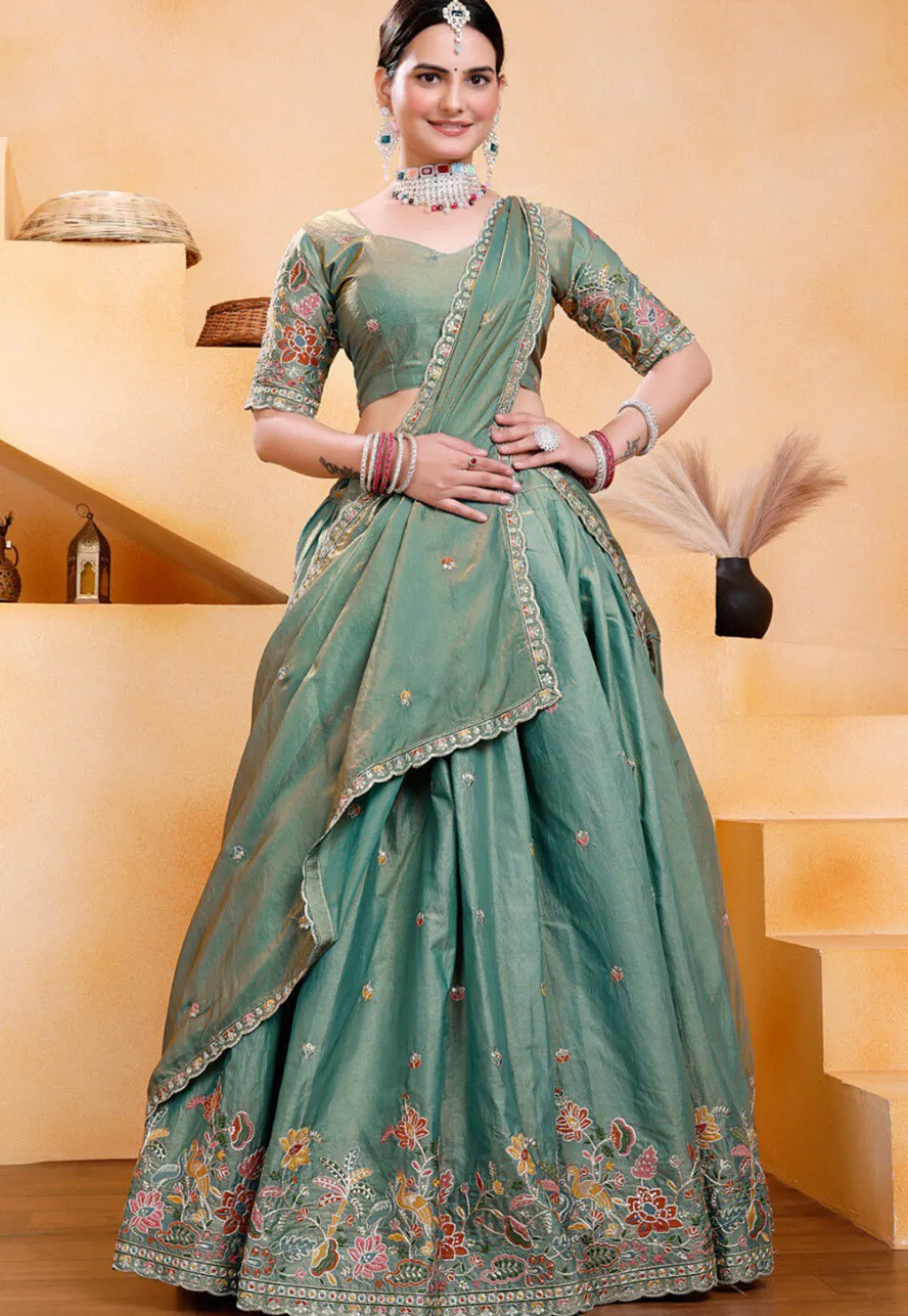 Embroidered Art Silk Lehenga in Teal Green