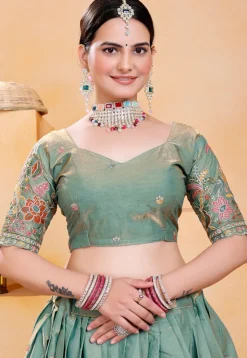 Embroidered Art Silk Lehenga in Teal Green