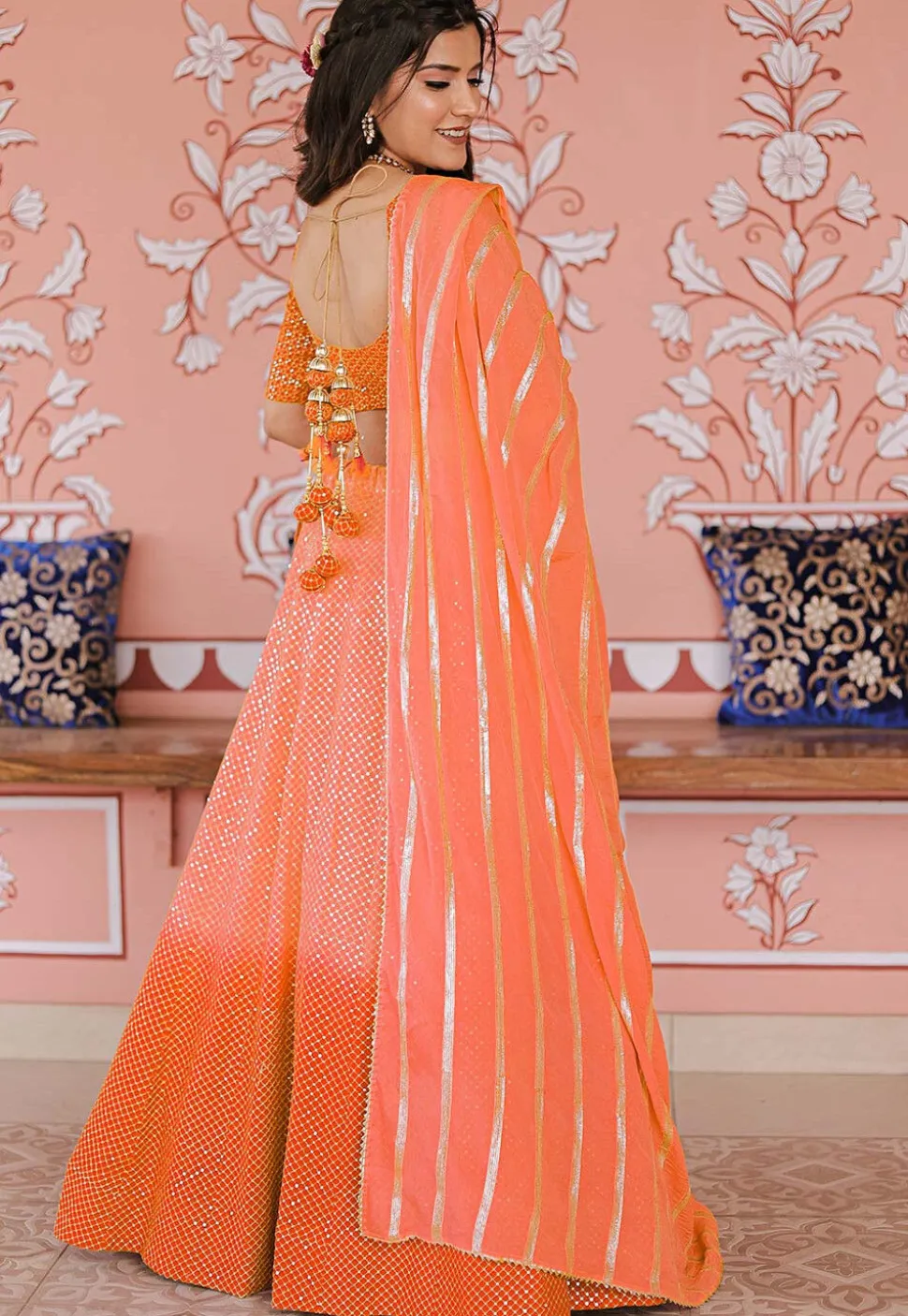 Embroidered Art Silk Lehenga in Shaded Orange