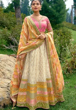 Embroidered Art Silk Lehenga in Off White and Multicolor