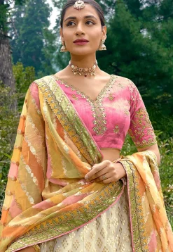 Embroidered Art Silk Lehenga in Off White and Multicolor