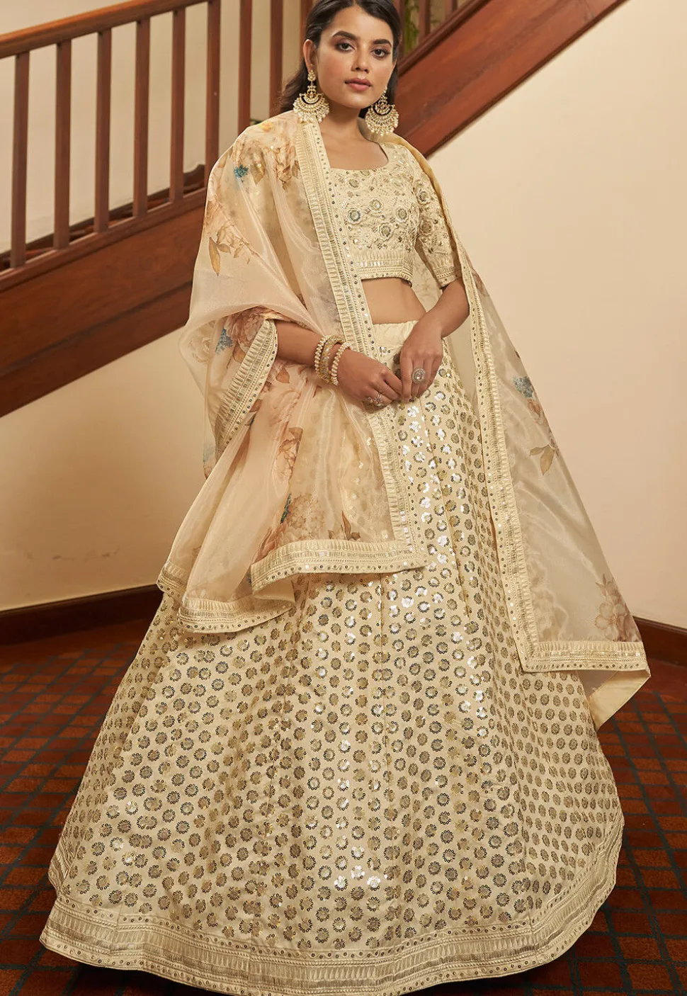 Embroidered Art Silk Lehenga in Beige