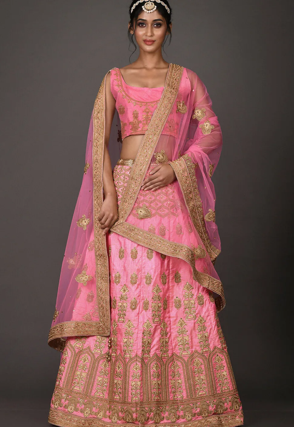 Embroidered Art Silk Lehenga in Pink