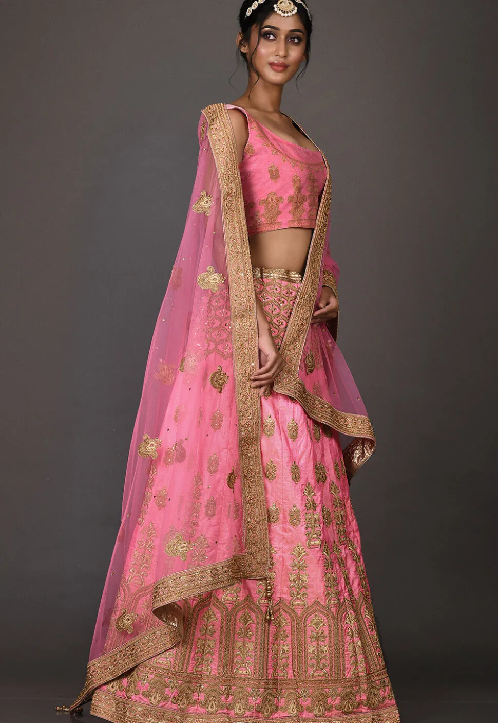 Embroidered Art Silk Lehenga in Pink