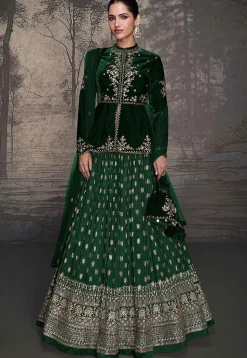 Embroidered Art Silk Lehenga in Dark Green