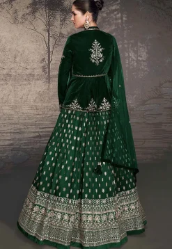 Embroidered Art Silk Lehenga in Dark Green
