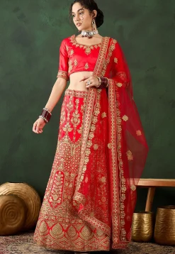 Embroidered Art Silk Lehenga in Red