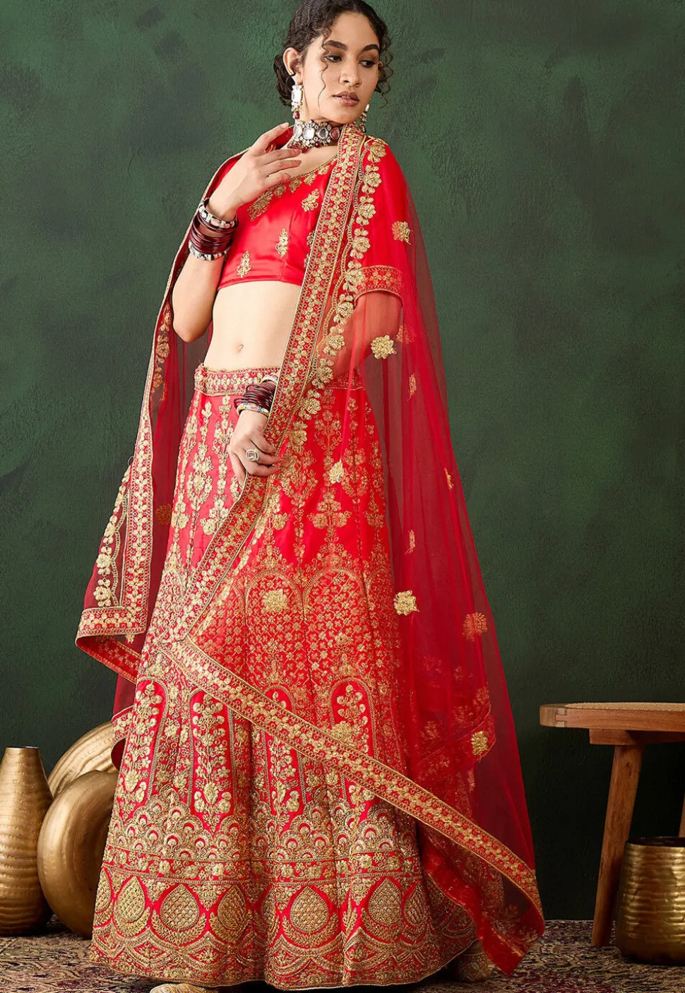 Embroidered Art Silk Lehenga in Red