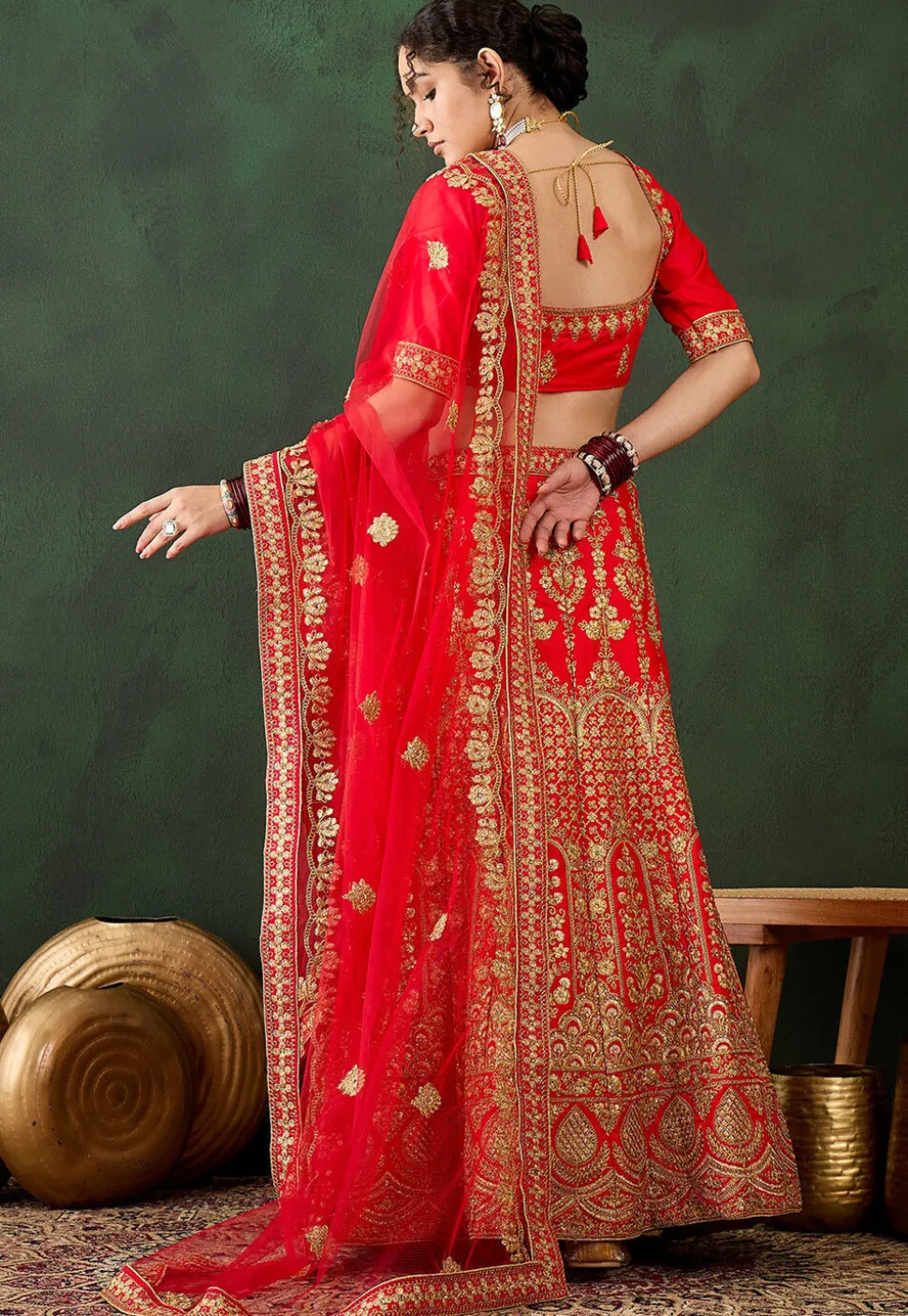 Embroidered Art Silk Lehenga in Red