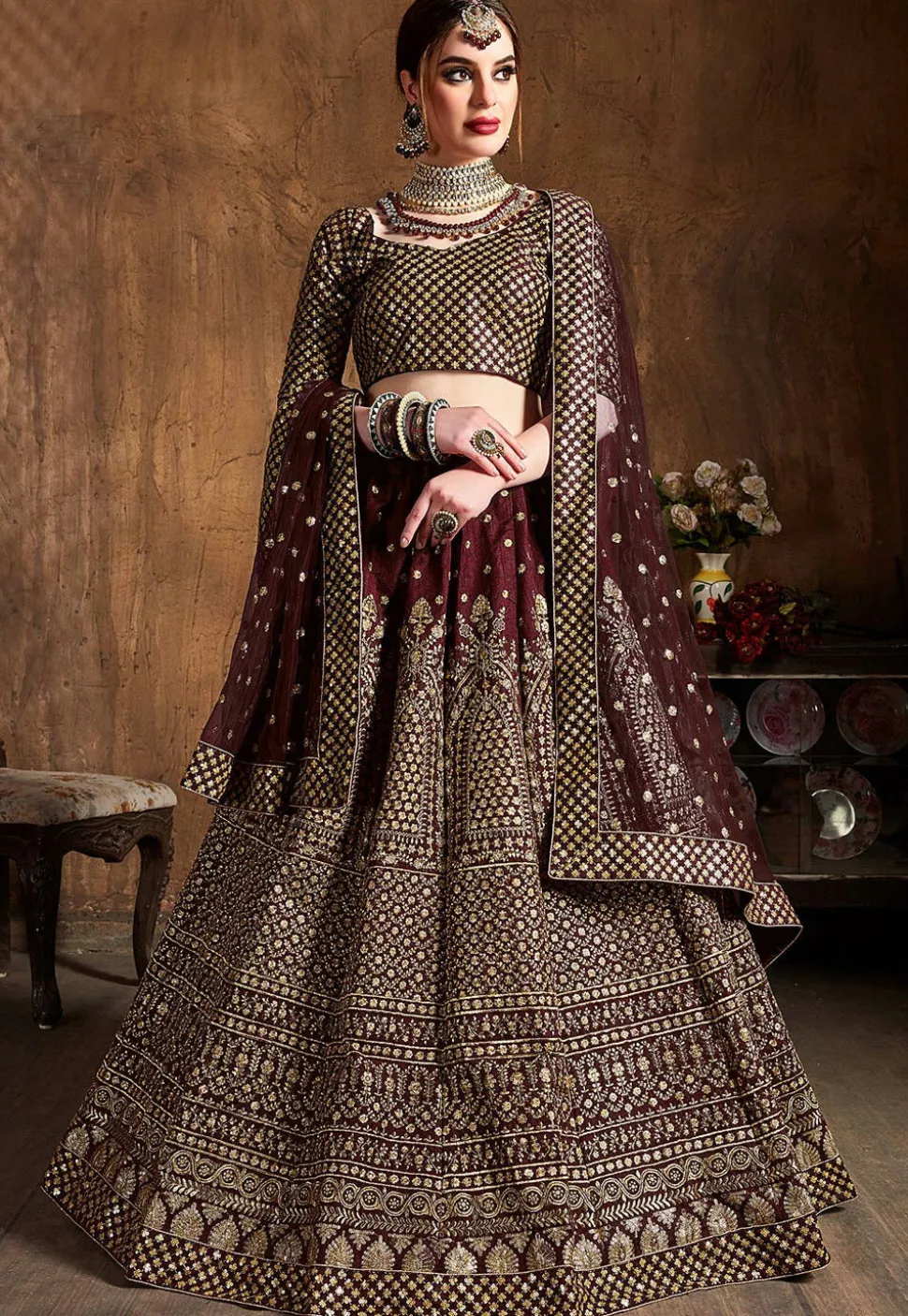 Embroidered Art Silk Lehenga in Maroon