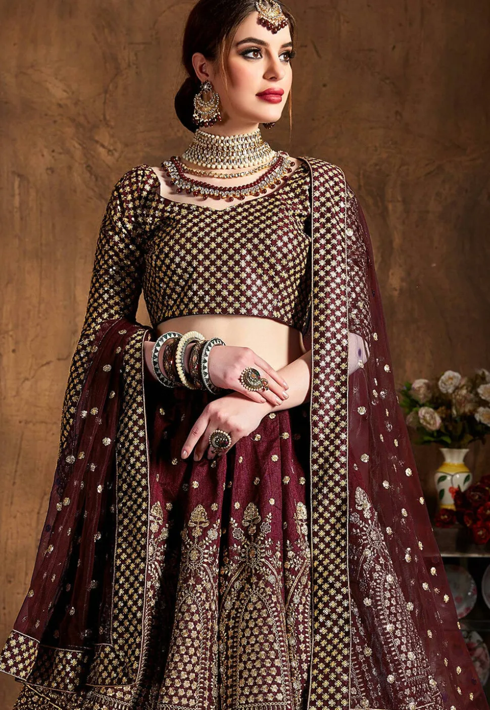 Embroidered Art Silk Lehenga in Maroon