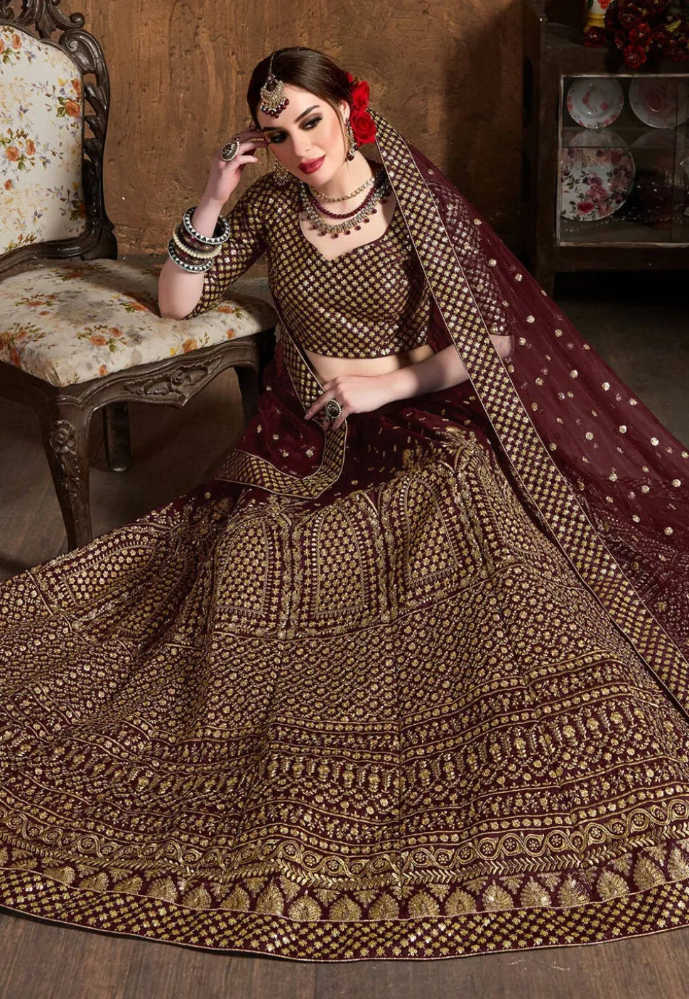 Embroidered Art Silk Lehenga in Maroon