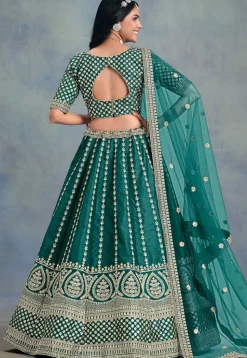 Embroidered Art Silk Lehenga in Teal Green