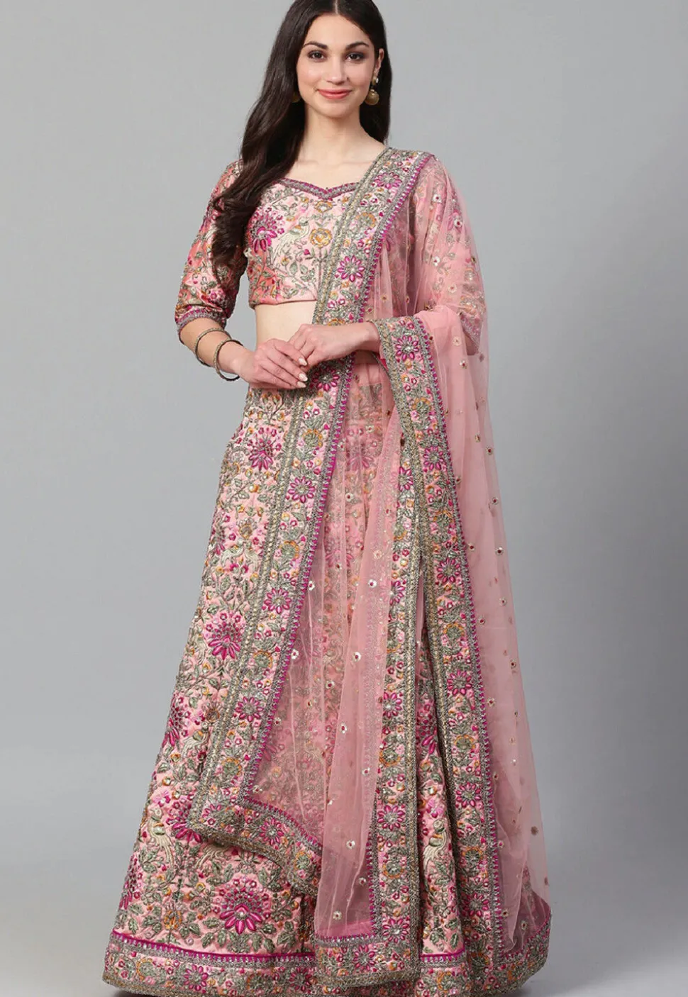 Embroidered Art Silk Lehenga in Pink