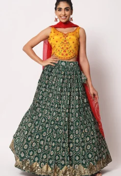 Embroidered Art Silk Lehenga in Green