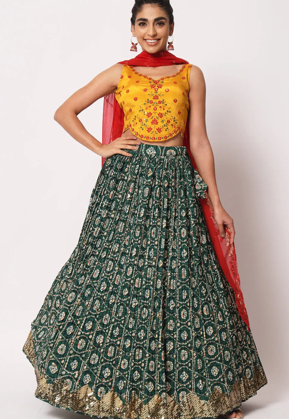 Embroidered Art Silk Lehenga in Green