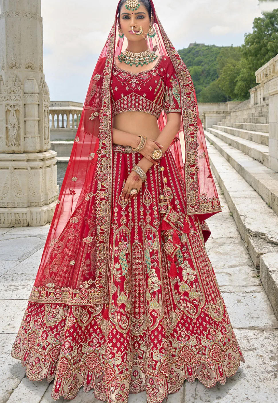 Embroidered Art Silk Lehenga in Red