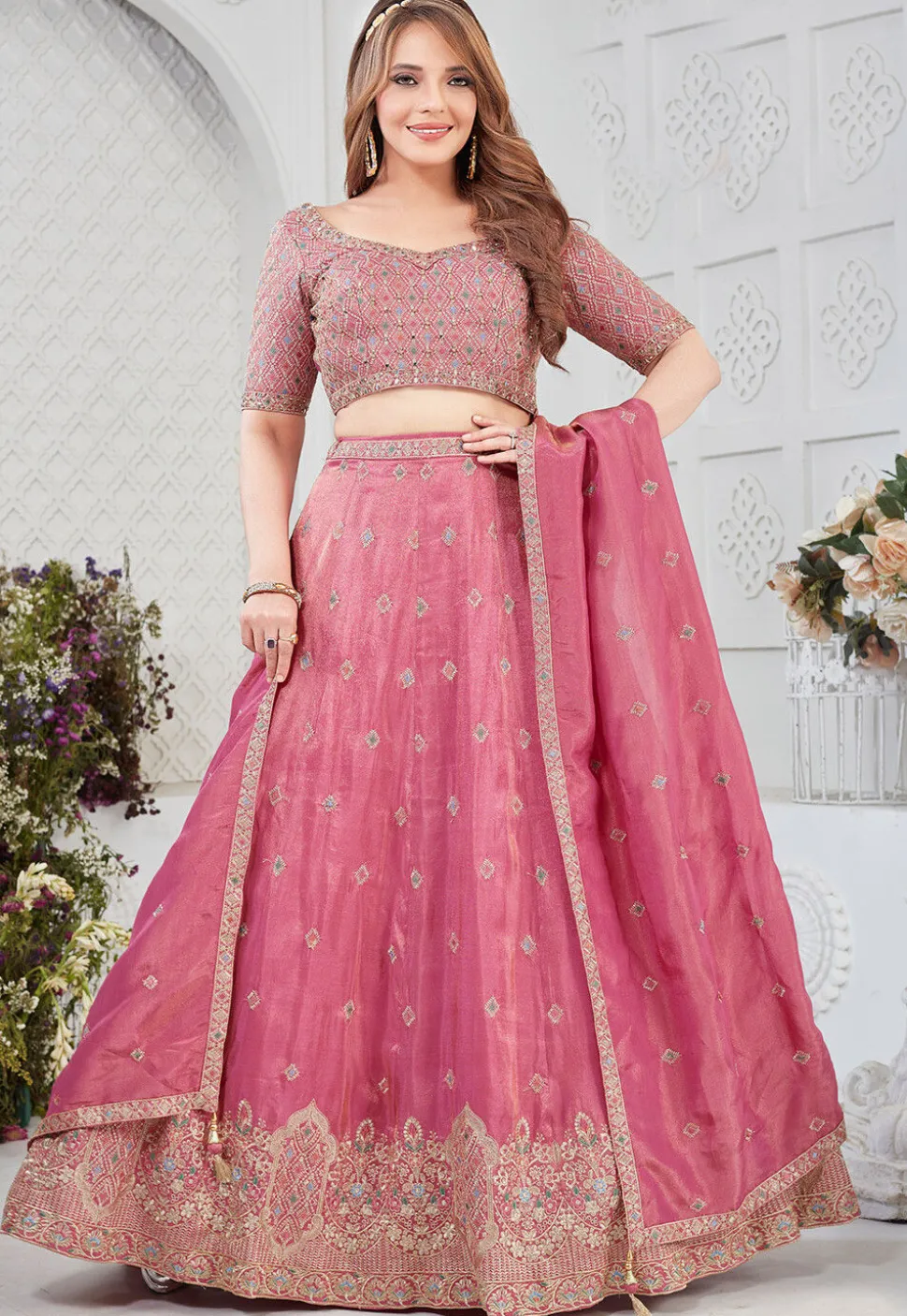 Embroidered Art Silk Lehenga in Pink
