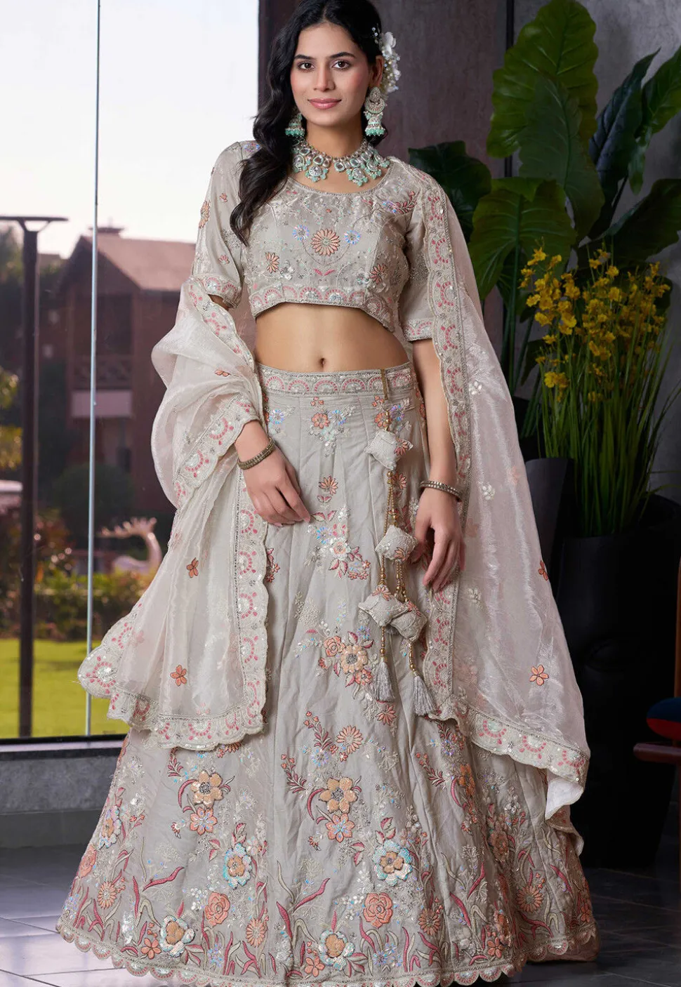 Embroidered Art Silk Lehenga in Grey