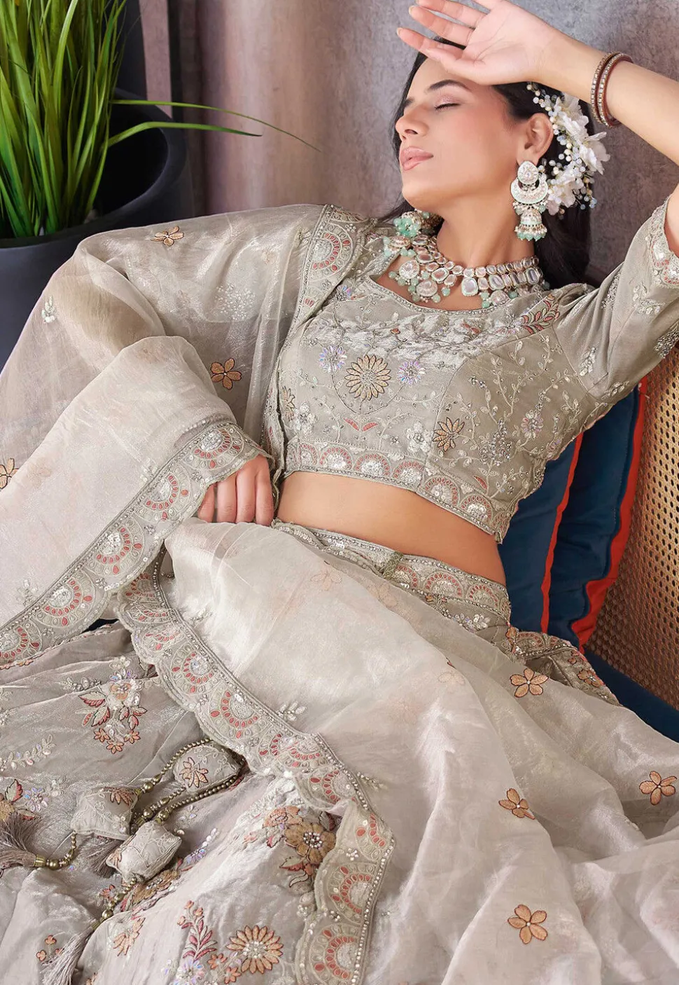 Embroidered Art Silk Lehenga in Grey