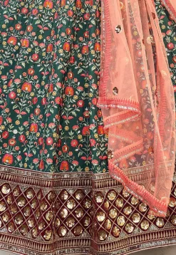 Embroidered Art Silk Lehenga in Teal Green