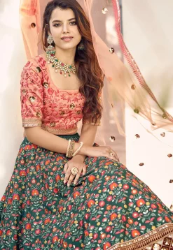 Embroidered Art Silk Lehenga in Teal Green