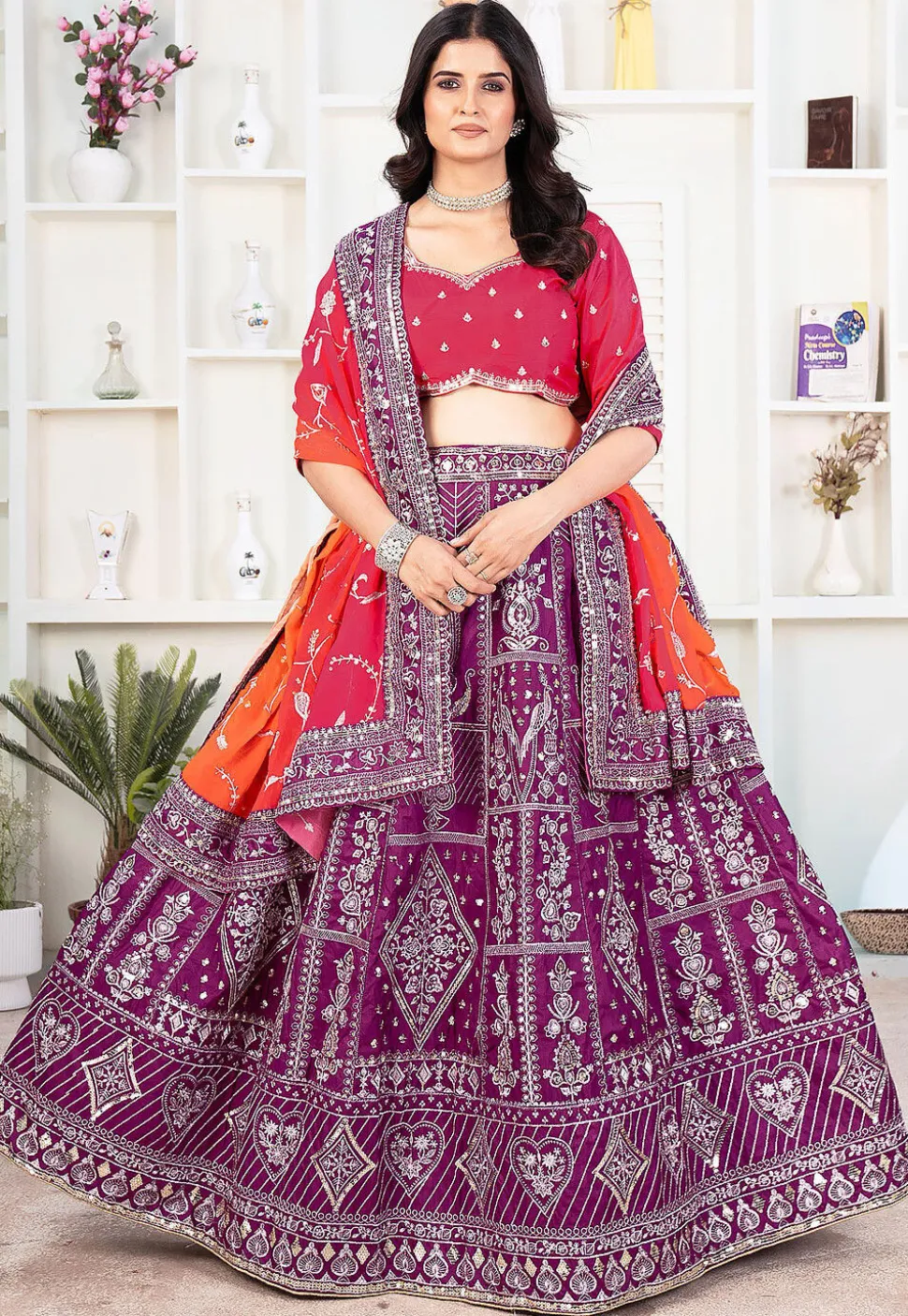 Embroidered Art Silk Lehenga in Purple