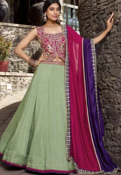 Embroidered Art Silk Lehenga in Dusty Green