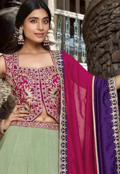 Embroidered Art Silk Lehenga in Dusty Green