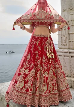 Embroidered Art Silk Lehenga in Red